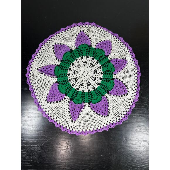 Knit Round Doily- White Purple Green- 25" diameter- cottagecore grapes - Picture 1 of 4